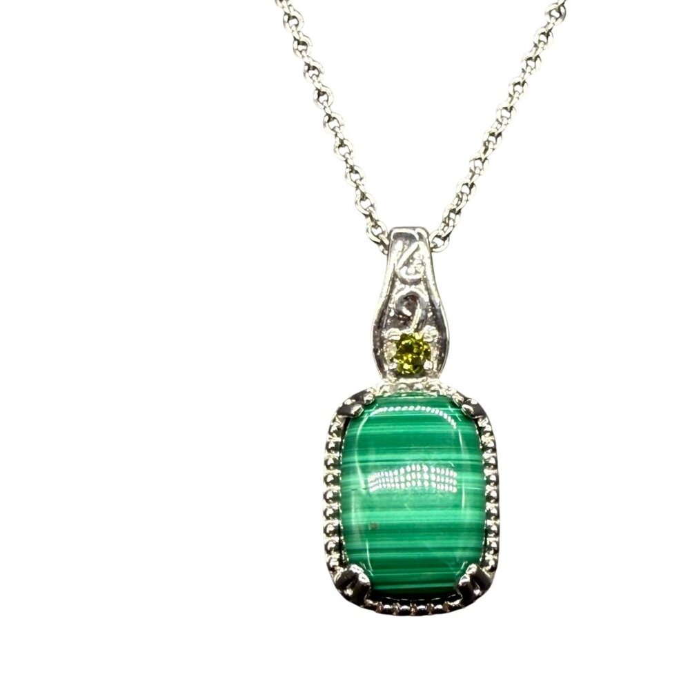 Stainless steel Necklace Green Malachite Gemstone Pendant & Yellow Accent St